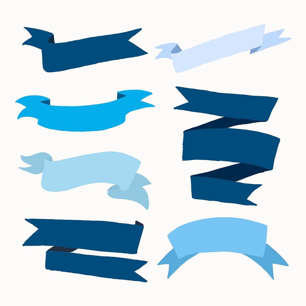 Blue ribbon banner vector, label flat design set