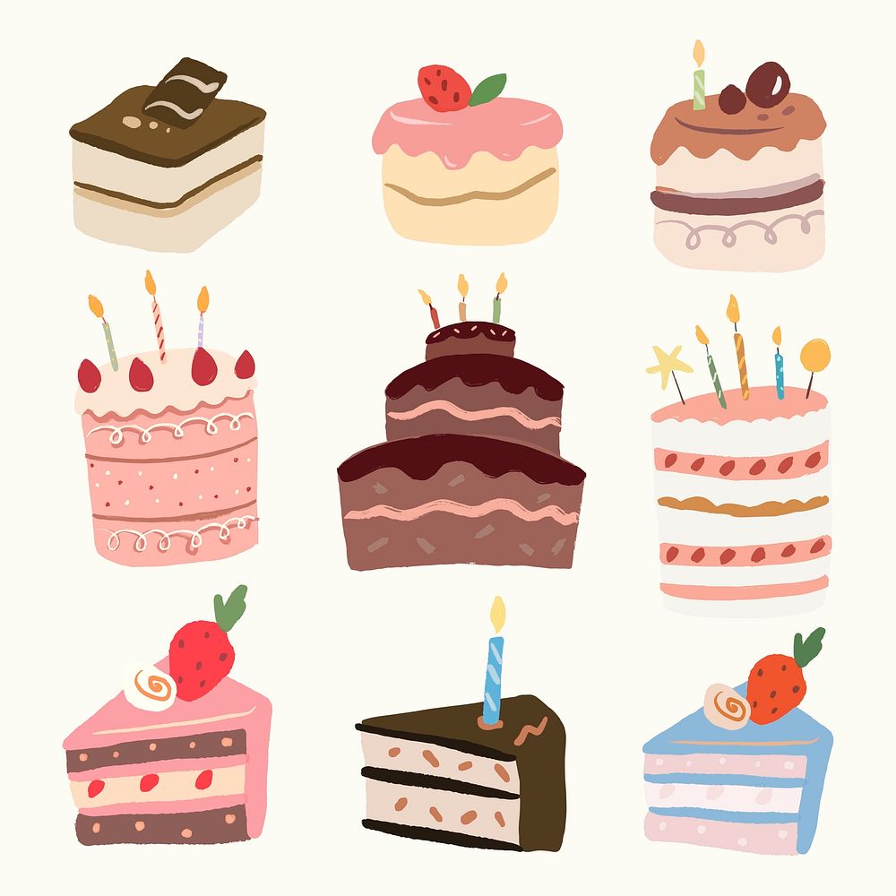 Cute dessert cake sticker, bakery element graphic vector set