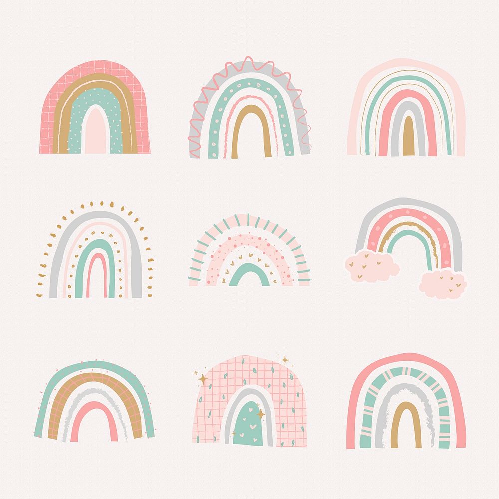 Cute rainbow in doodle style psd set
