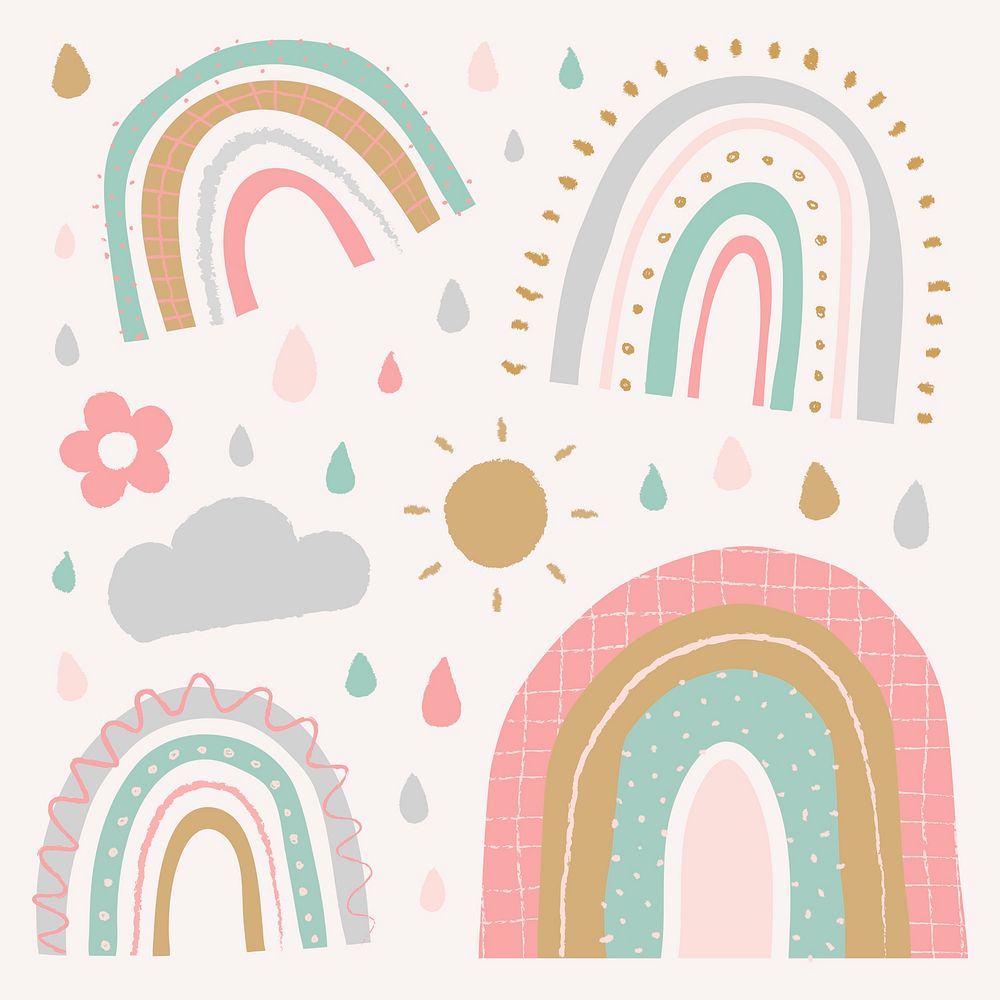 Rainbow in cute doodle style psd set