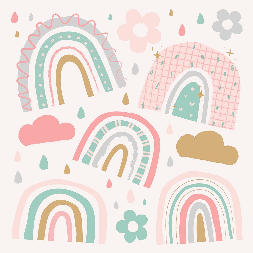 Pastel rainbow in cute doodle style psd set