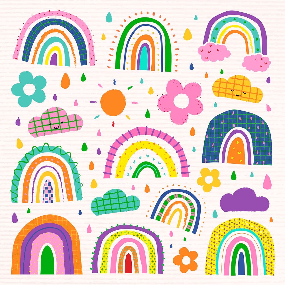Funky rainbow in doodle style psd set