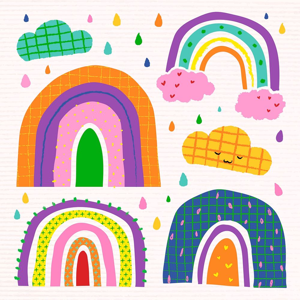 Funky rainbow in doodle style vector set