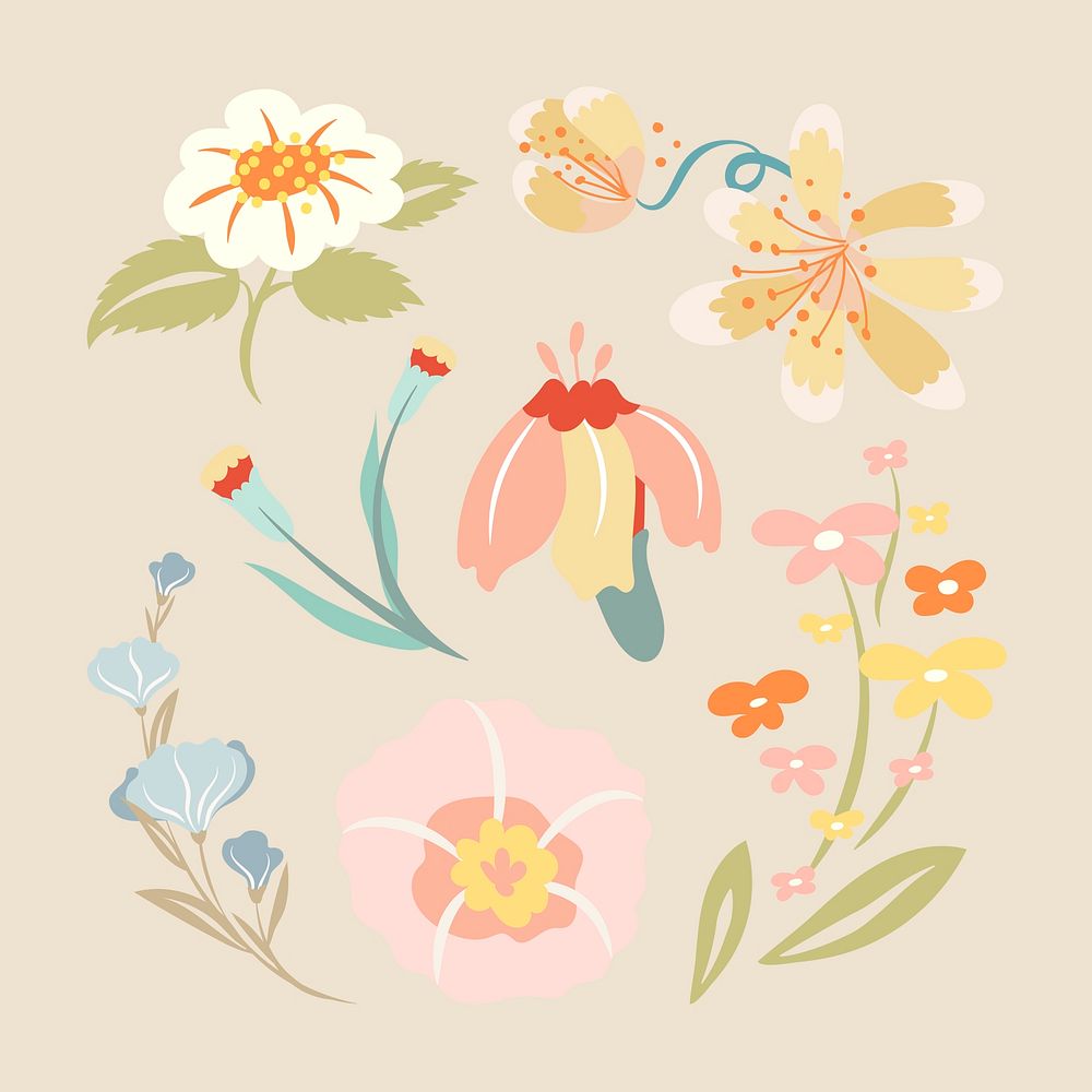 Pastel flower, spring clipart psd illustration set