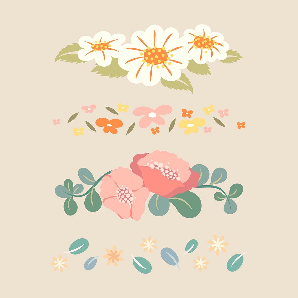 Flower divider, pastel flat design sticker vector illustration set