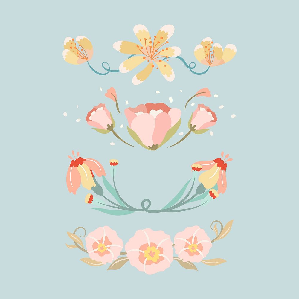 Flower divider, pastel flat design sticker psd illustration set