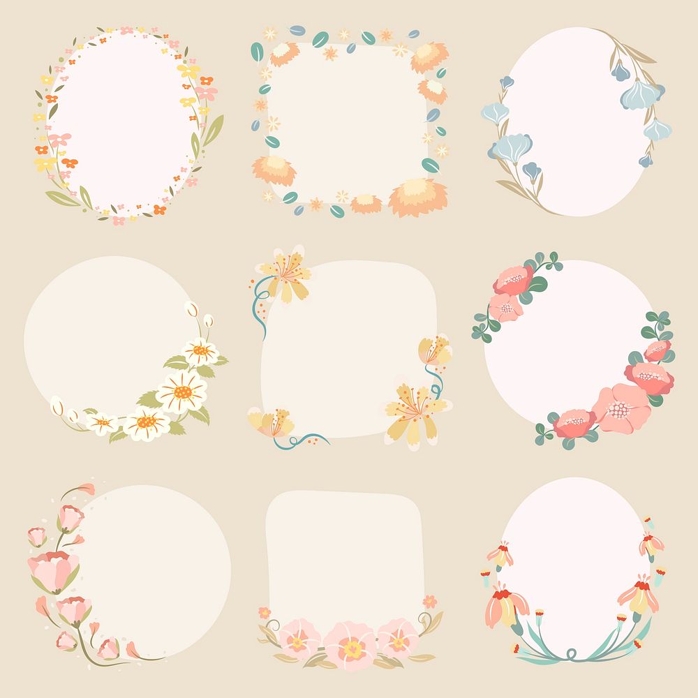 Pastel flower frame, psd, cute illustration set