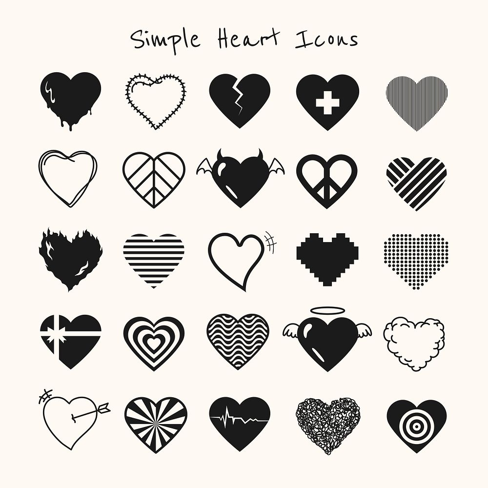 Black simple heart icon psd set