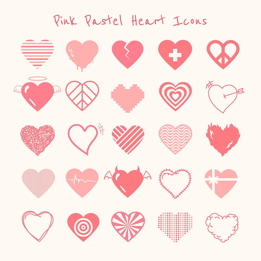 Pink pastel heart icon vector set