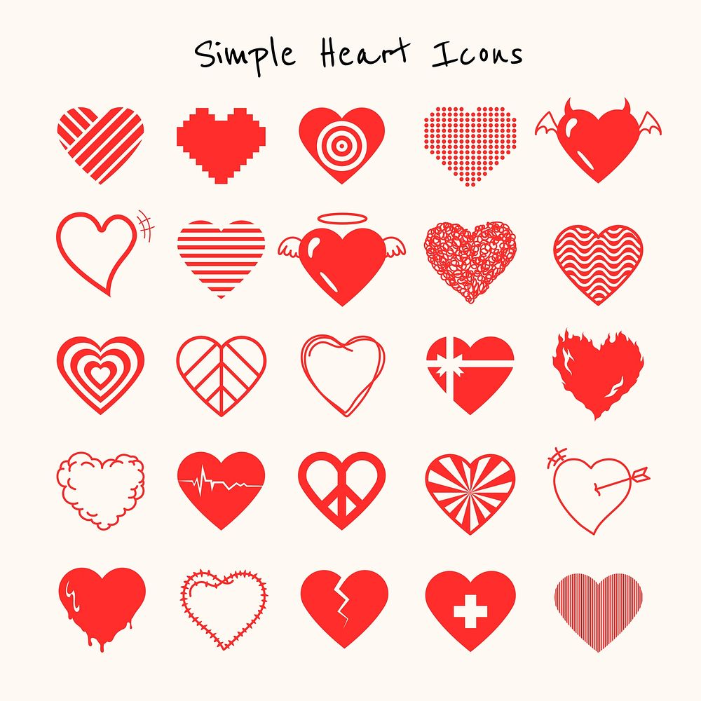 Red simple heart icon vector set