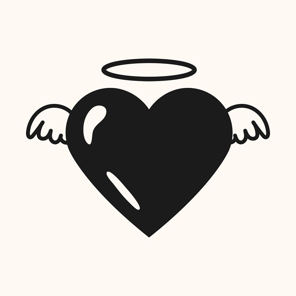 Angel heart icon, black cute element graphic vector
