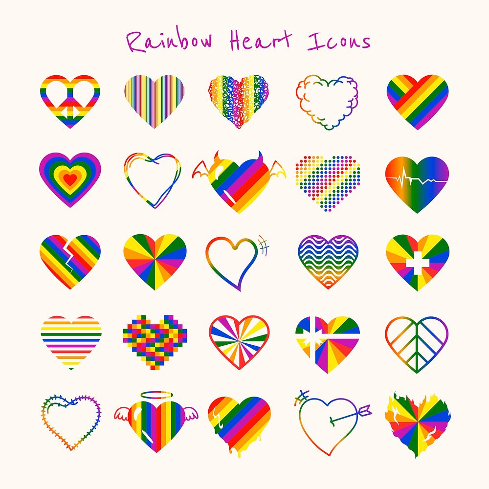 Rainbow heart, LGBT pride month icon set vector