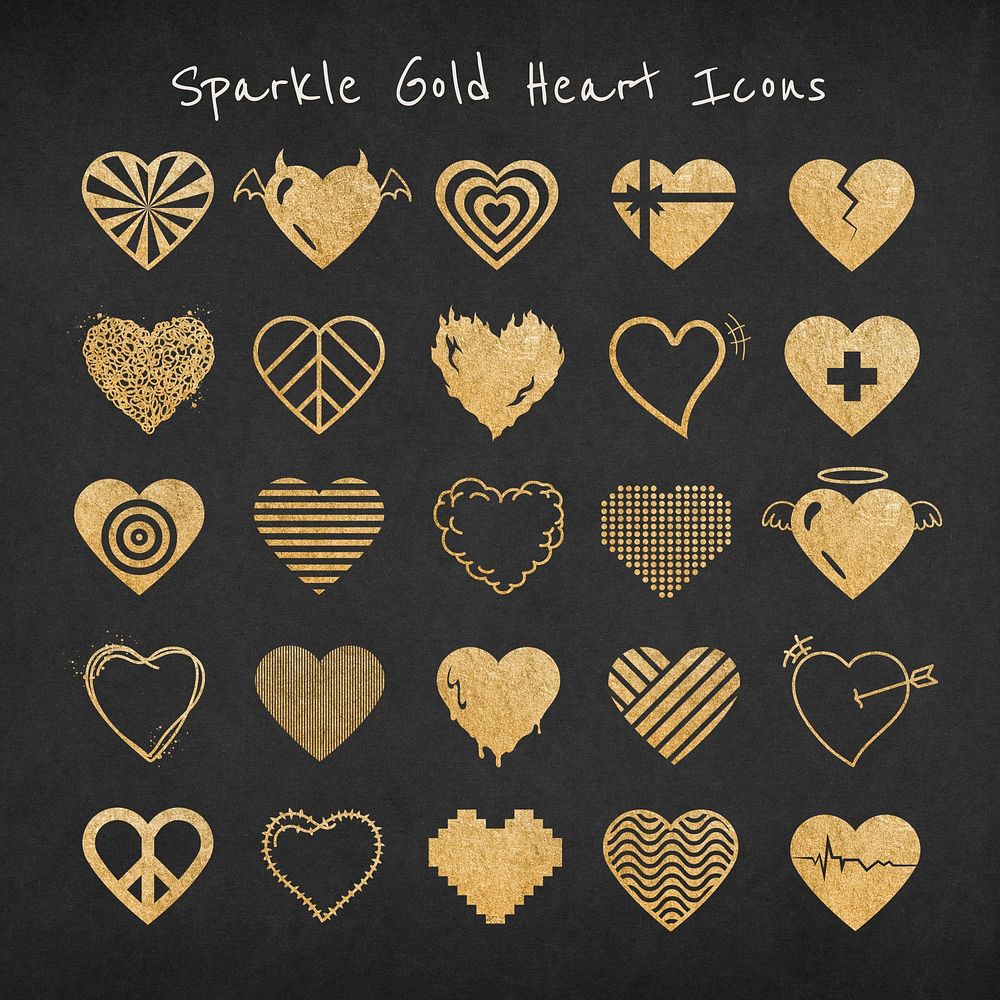 Sparkle gold heart icon psd set