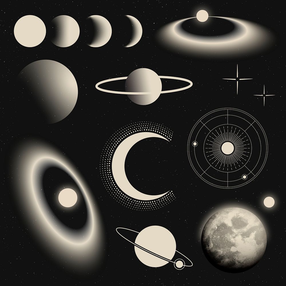 Celestial art sticker, aesthetic galaxy illustration vector set