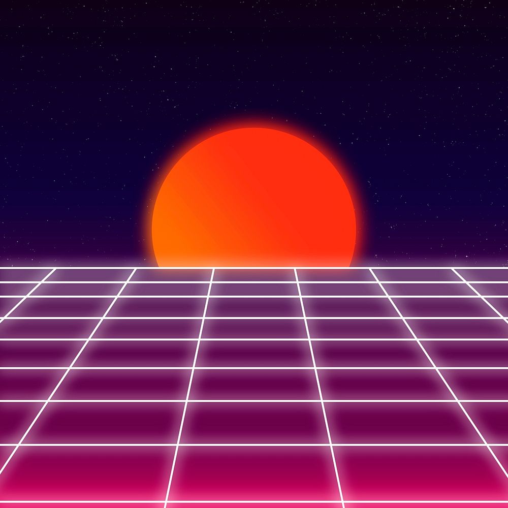 Vaporwave moon background, metaverse experience, retro futuristic neon design with grid vector