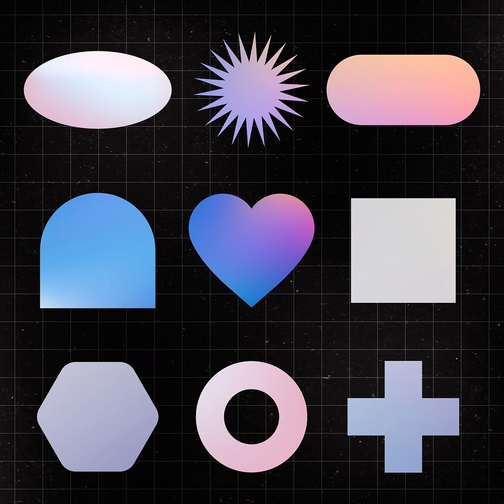 Geometric shape sticker, holographic pastel color flat clipart set vector