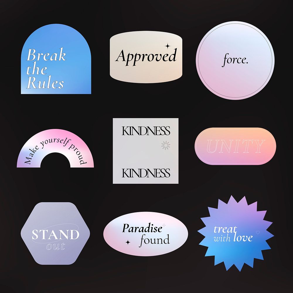 Aesthetic word sticker, holographic pastel gradient clipart psd collection