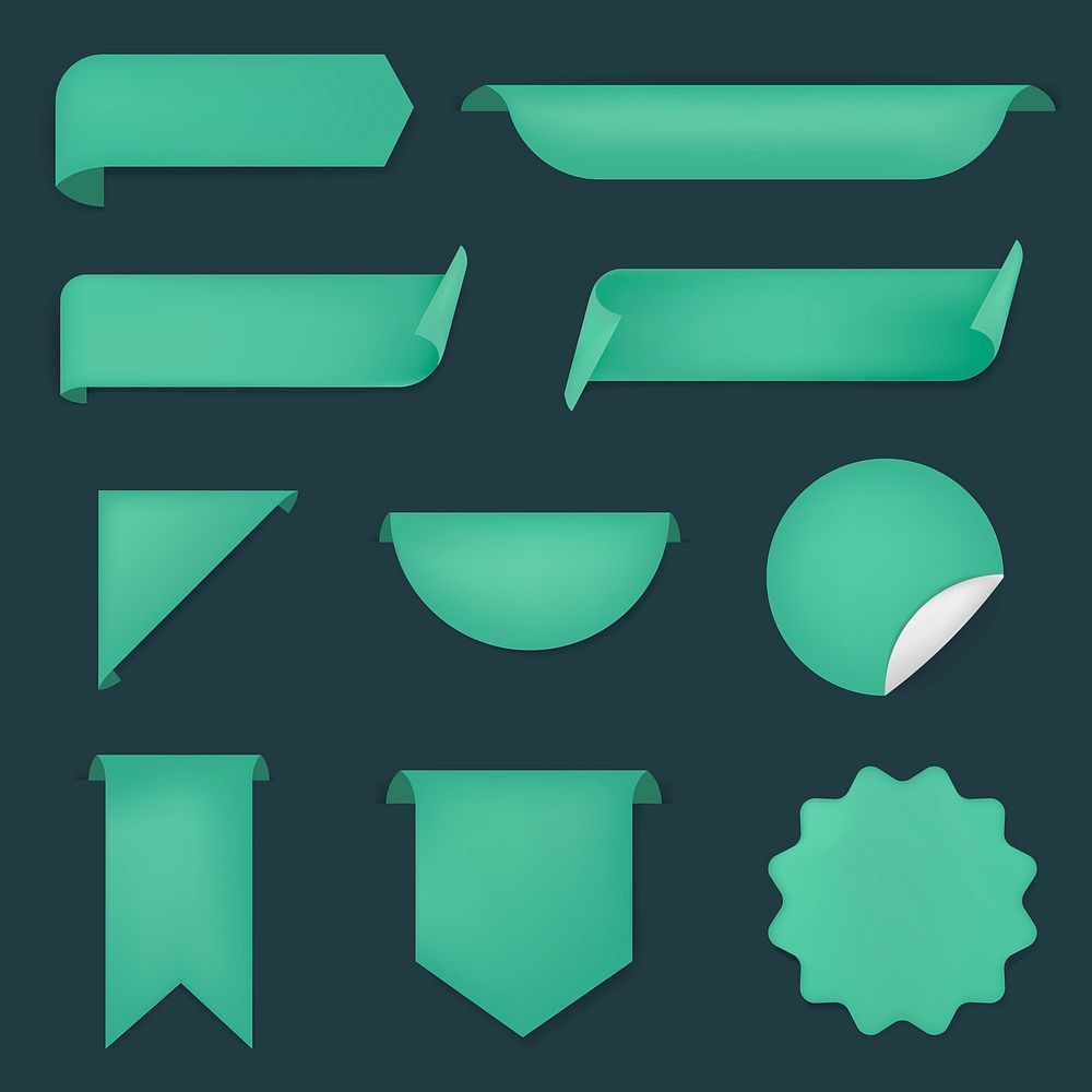 Green banner sticker, blank vector simple clipart set