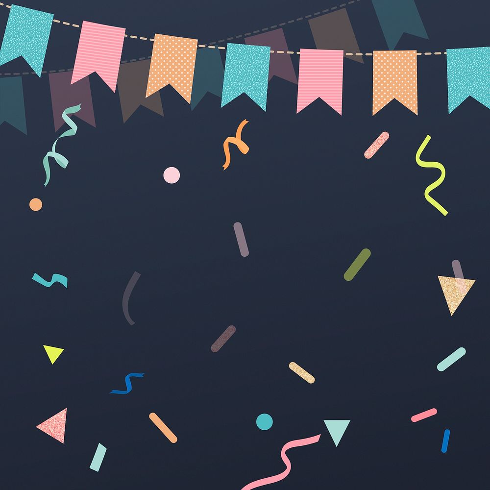 Black festive background, cute bunting border and ribbons psd