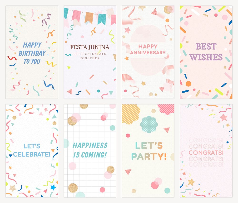 Festive confetti Instagram story template, colorful celebration vector set