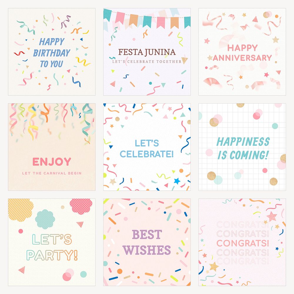 Festive confetti Instagram post template, colorful celebration vector set