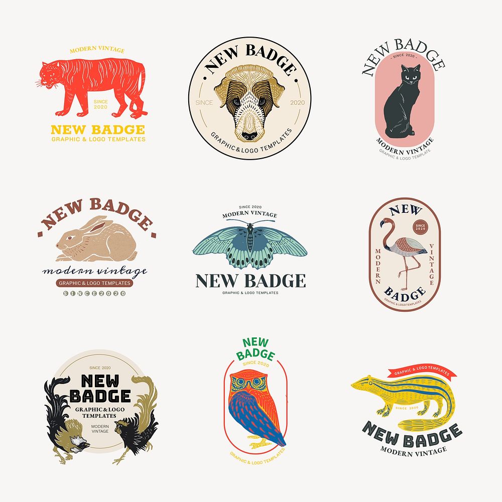 Animal logo business template in retro badge branding design psd set