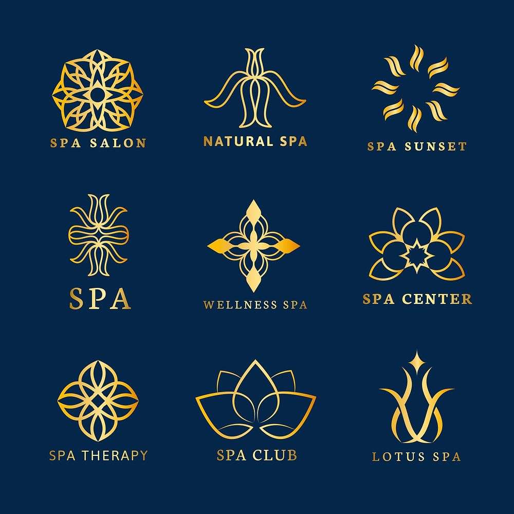 Gold spa logo template, aesthetic health and wellness business branding design vector set