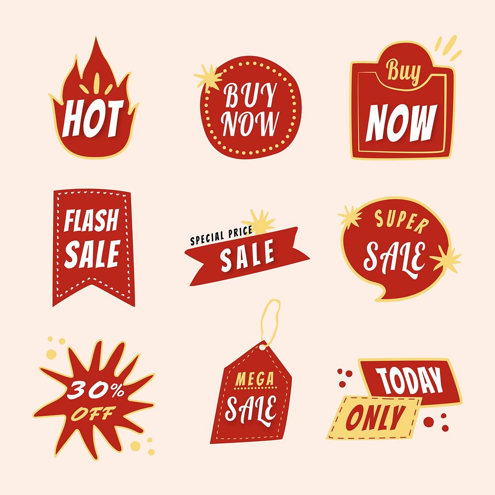 Sale badge sticker, doodle shopping clipart psd collection