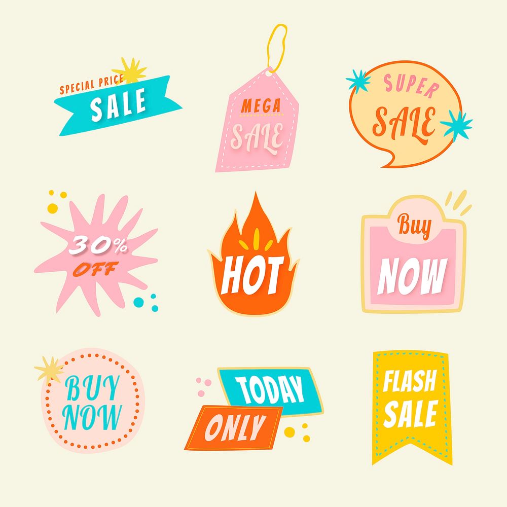 Sale badge sticker, doodle shopping clipart psd collection