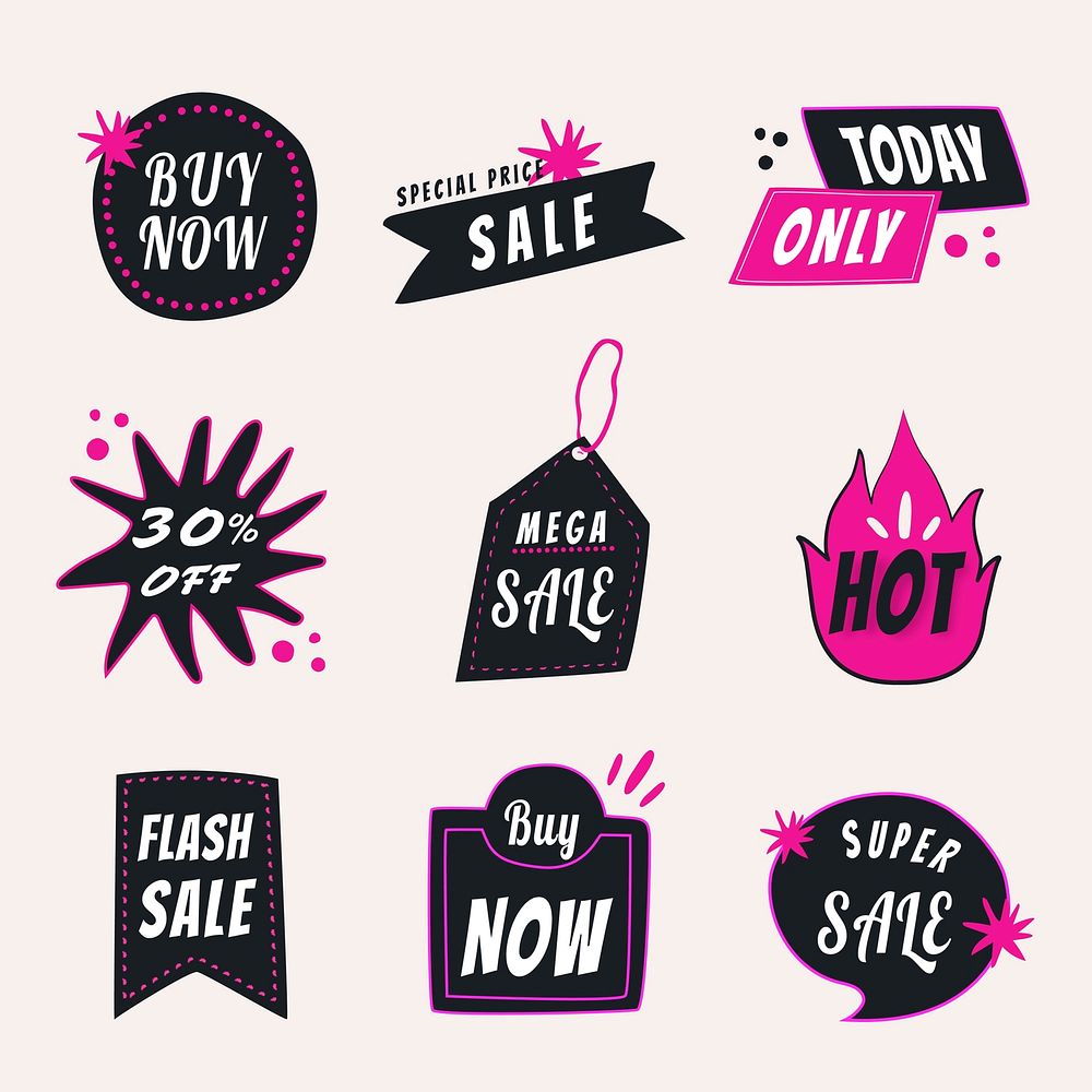 Sale badge sticker, doodle shopping clipart vector set