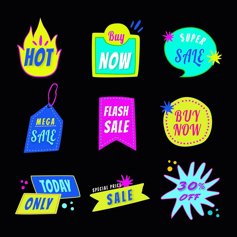 Sale badge sticker, doodle shopping clipart vector set