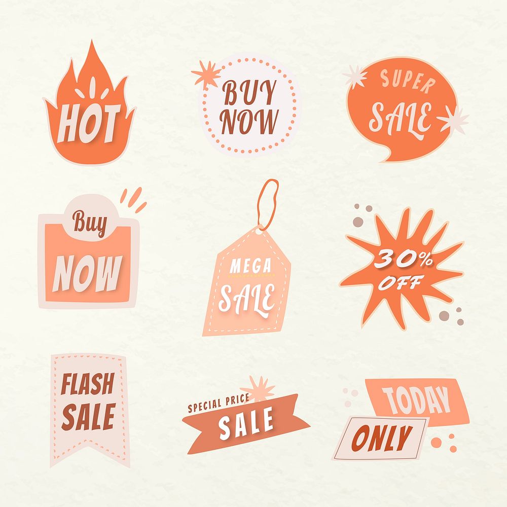Sale badge sticker, doodle shopping clipart vector set