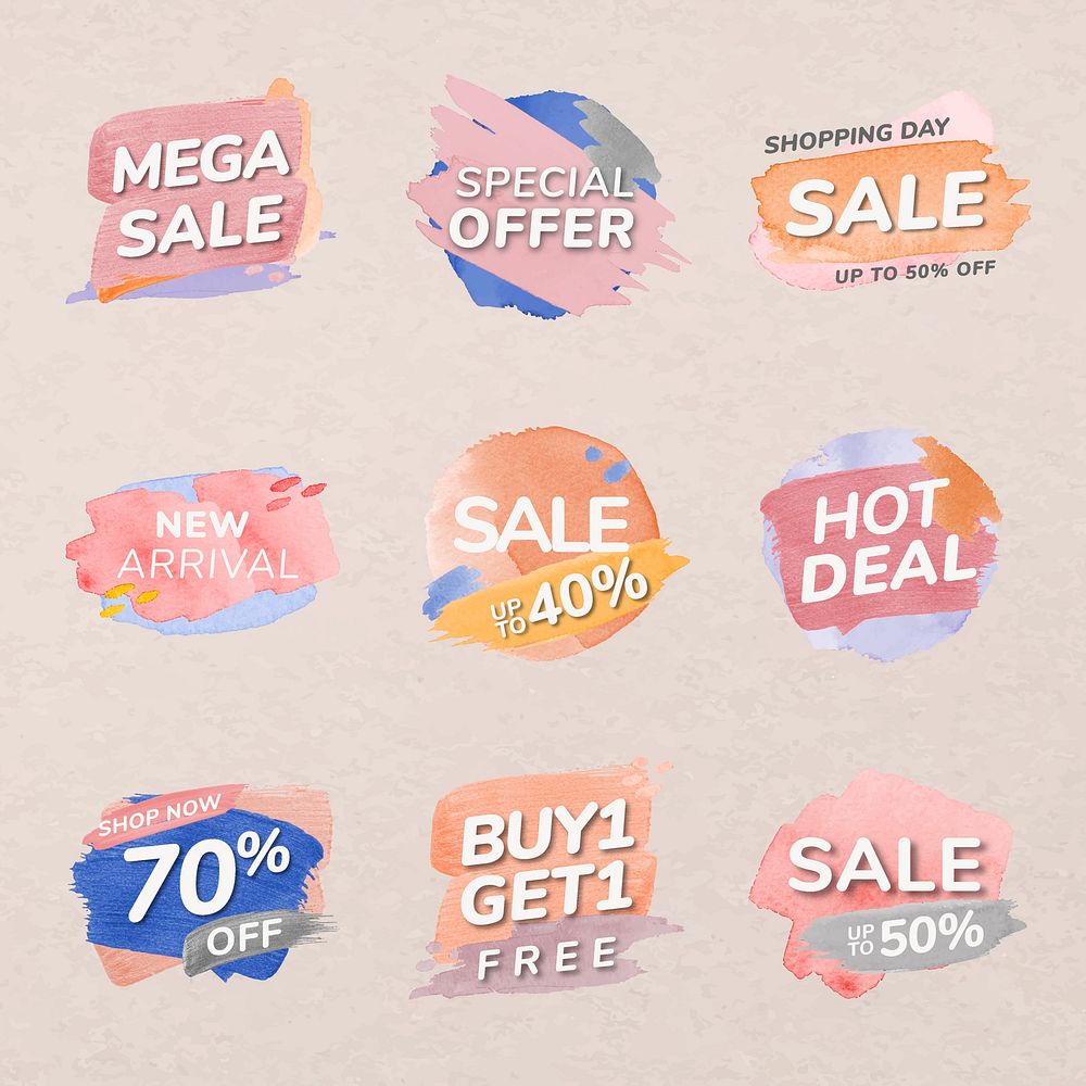 Sale badge sticker, pastel brush stroke vector, shopping image set