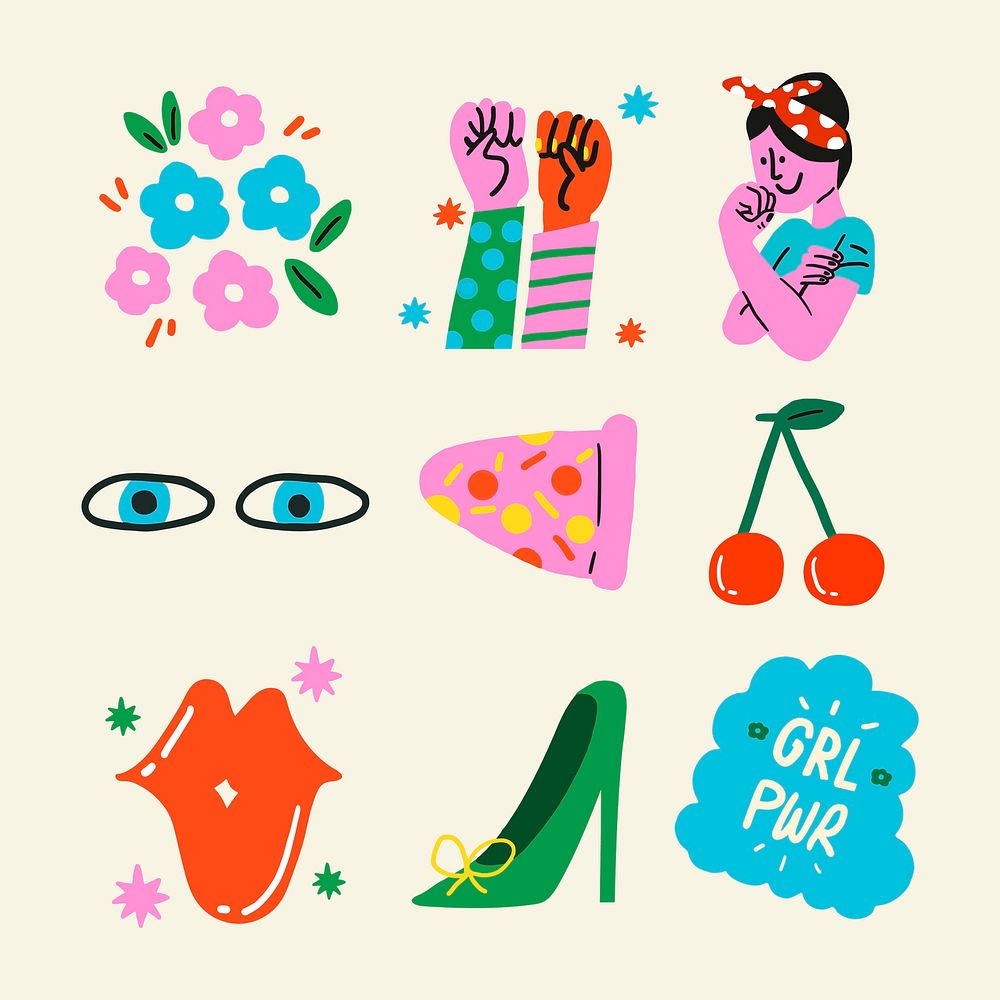 Woman empowerment sticker vector set in pop art style