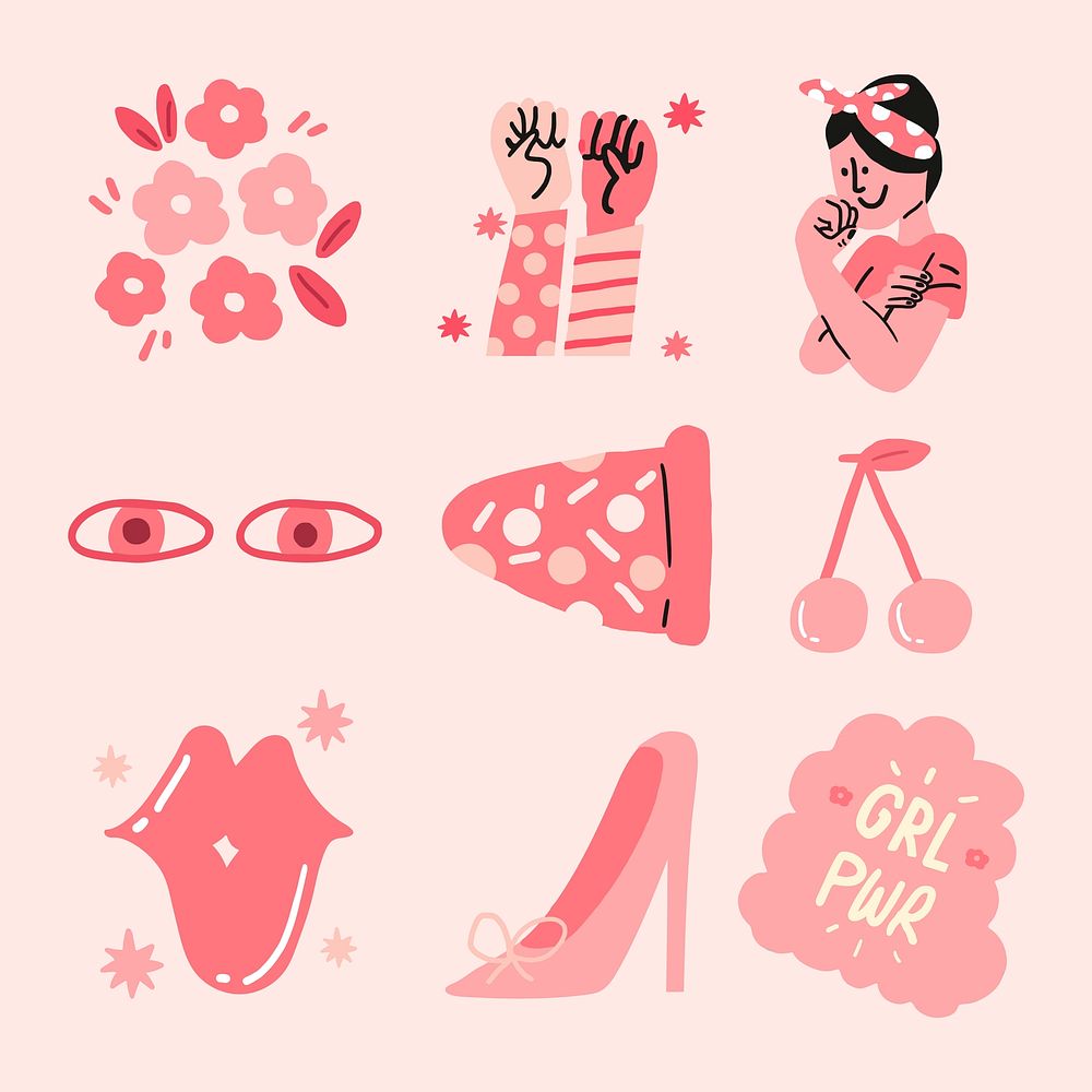 Girl power sticker vector set in pink monochrome