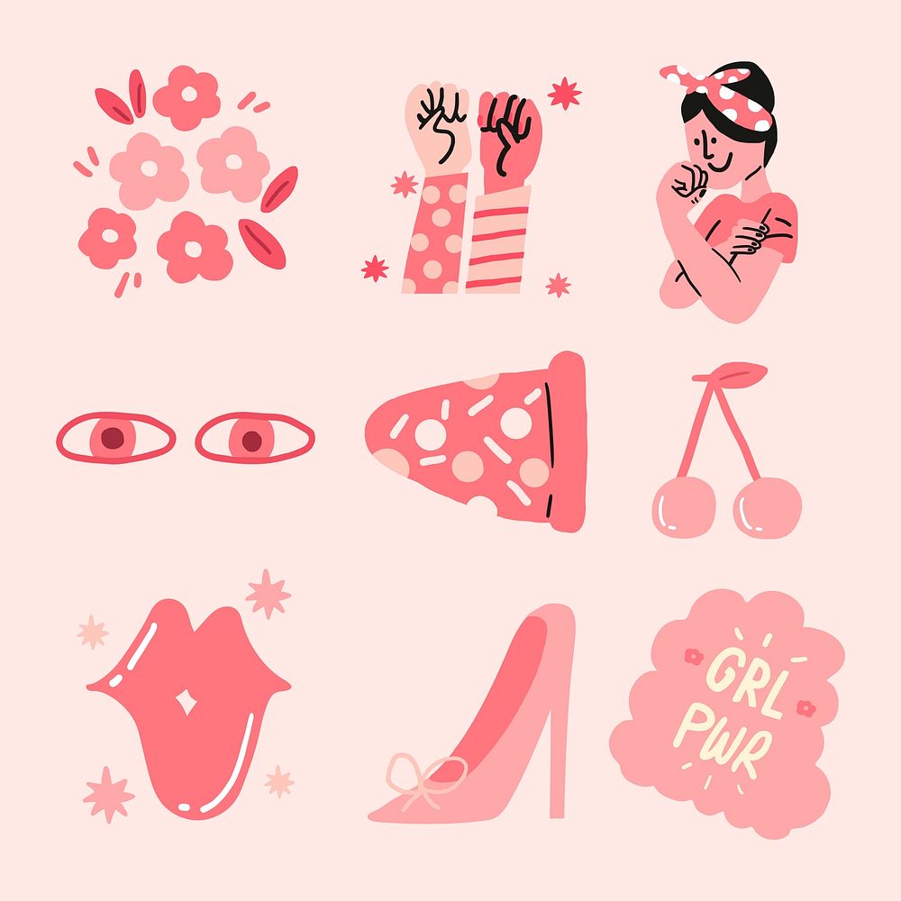Woman empowerment sticker set in pink monochrome psd