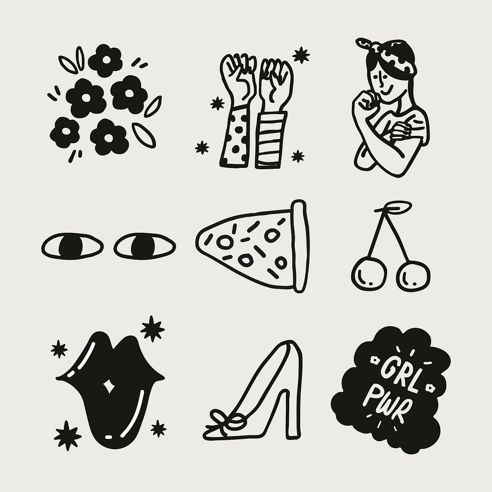 Line art woman empowerment sticker vector pack in minimal black and white