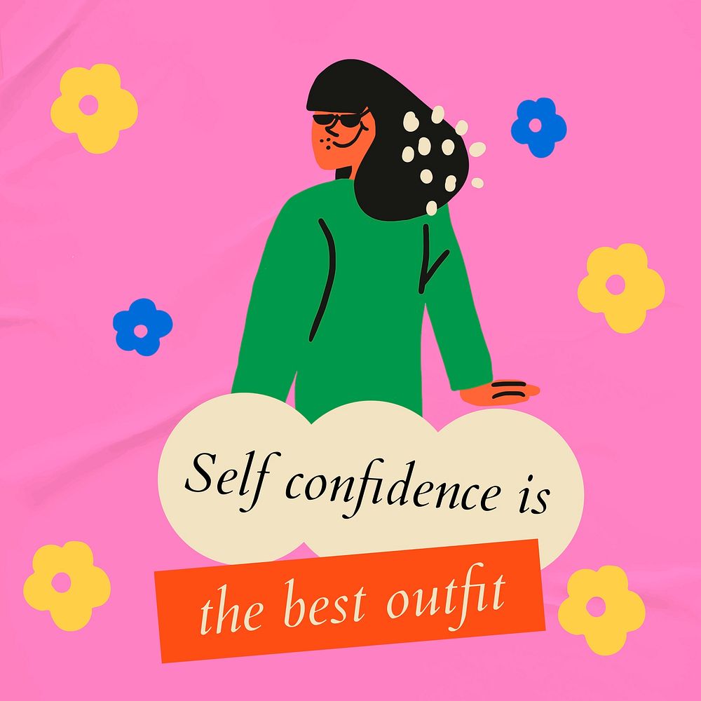 Woman empowerment social media template vector with woman character and text self confidence is the best outfit