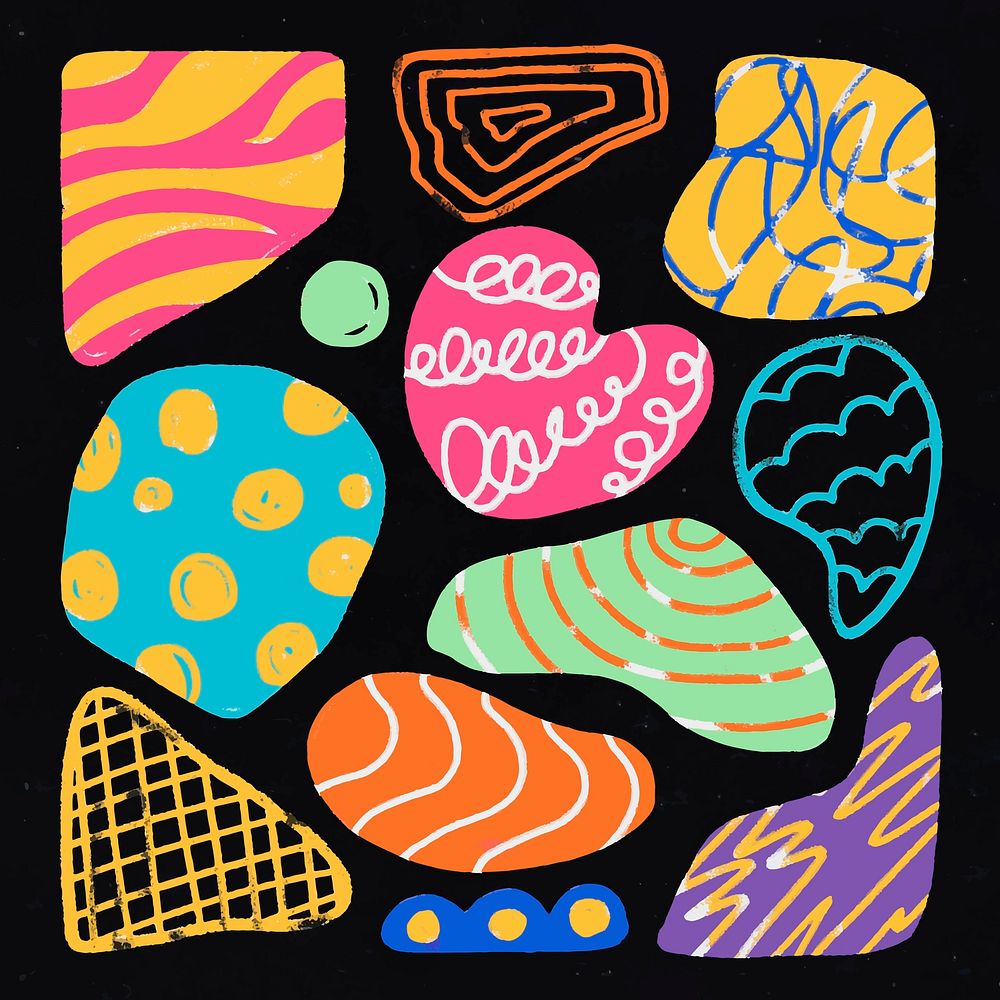Cute shape sticker, colorful chalk texture in doodle design vector set