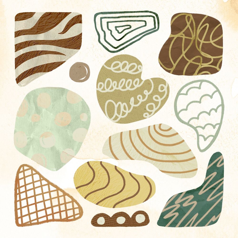 Cute shape sticker, earthy texture in doodle design psd collection