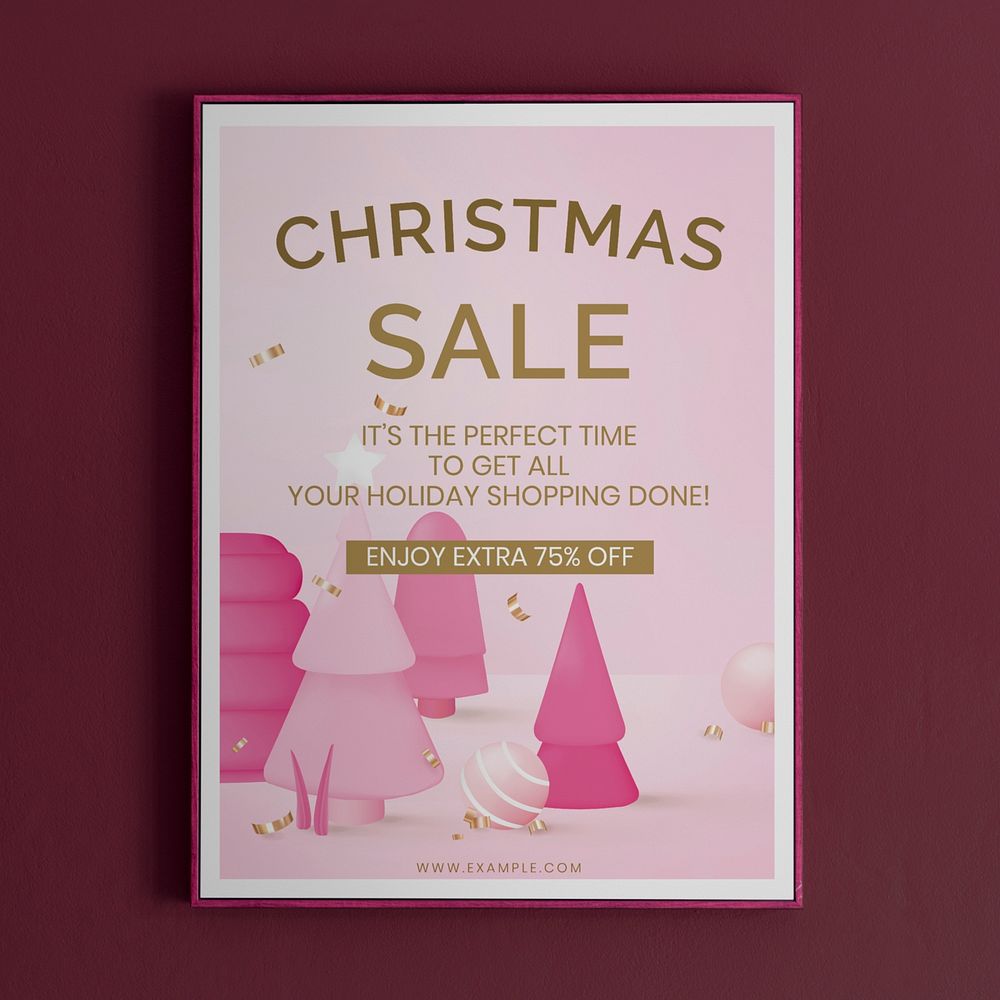 Christmas sale poster mockup psd, pink holiday shopping ads in 3D style