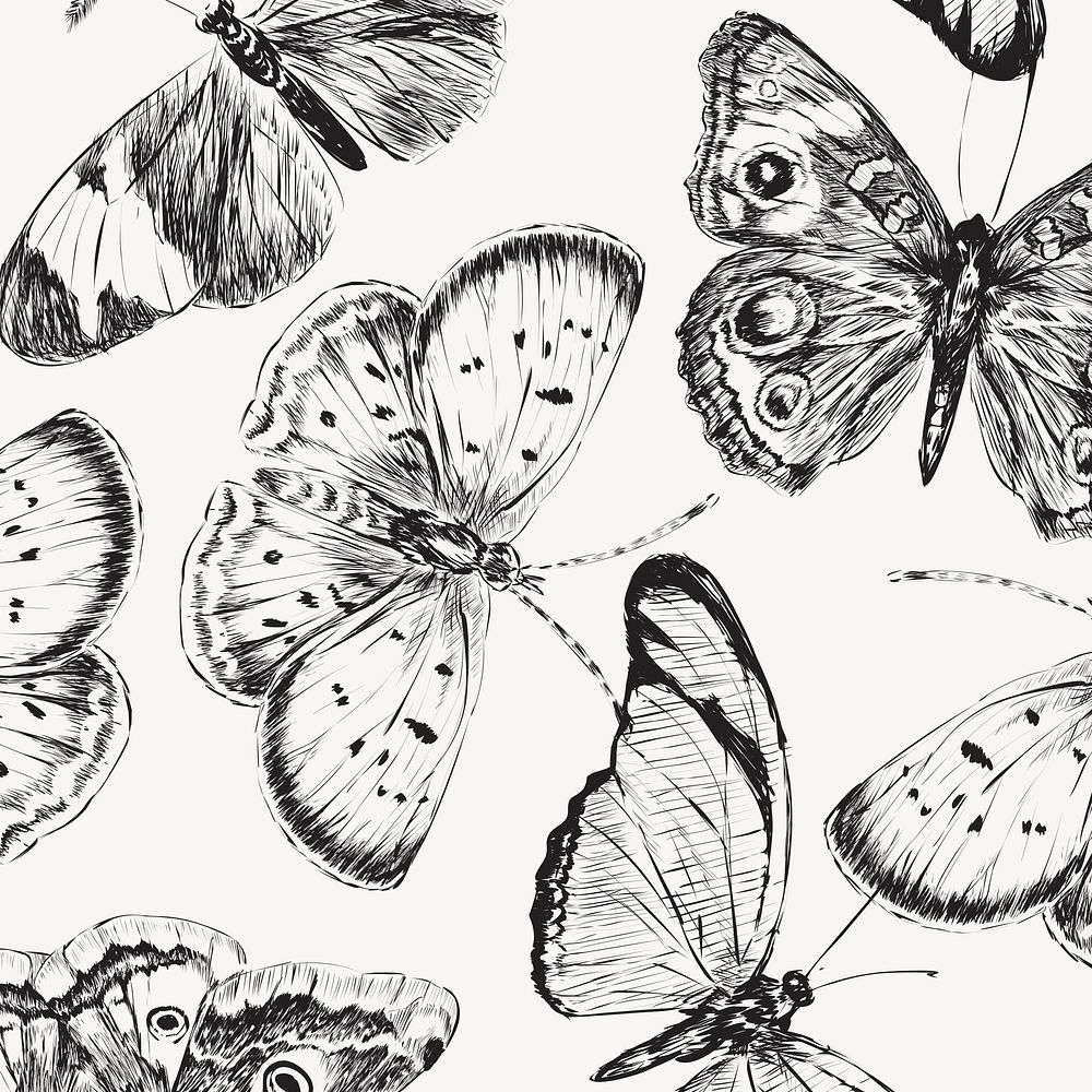 Vintage butterfly pattern seamless vector, black and white design