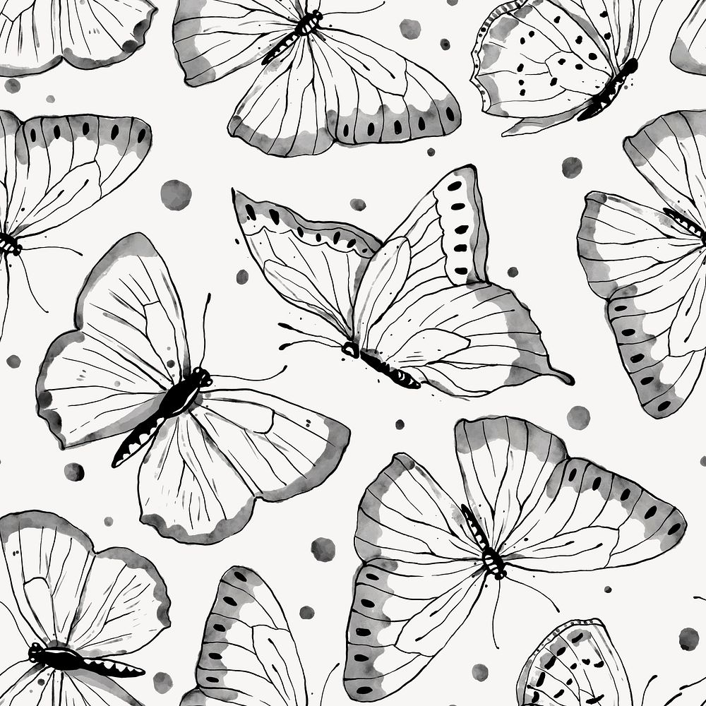 Ink butterfly pattern seamless vector, line art design