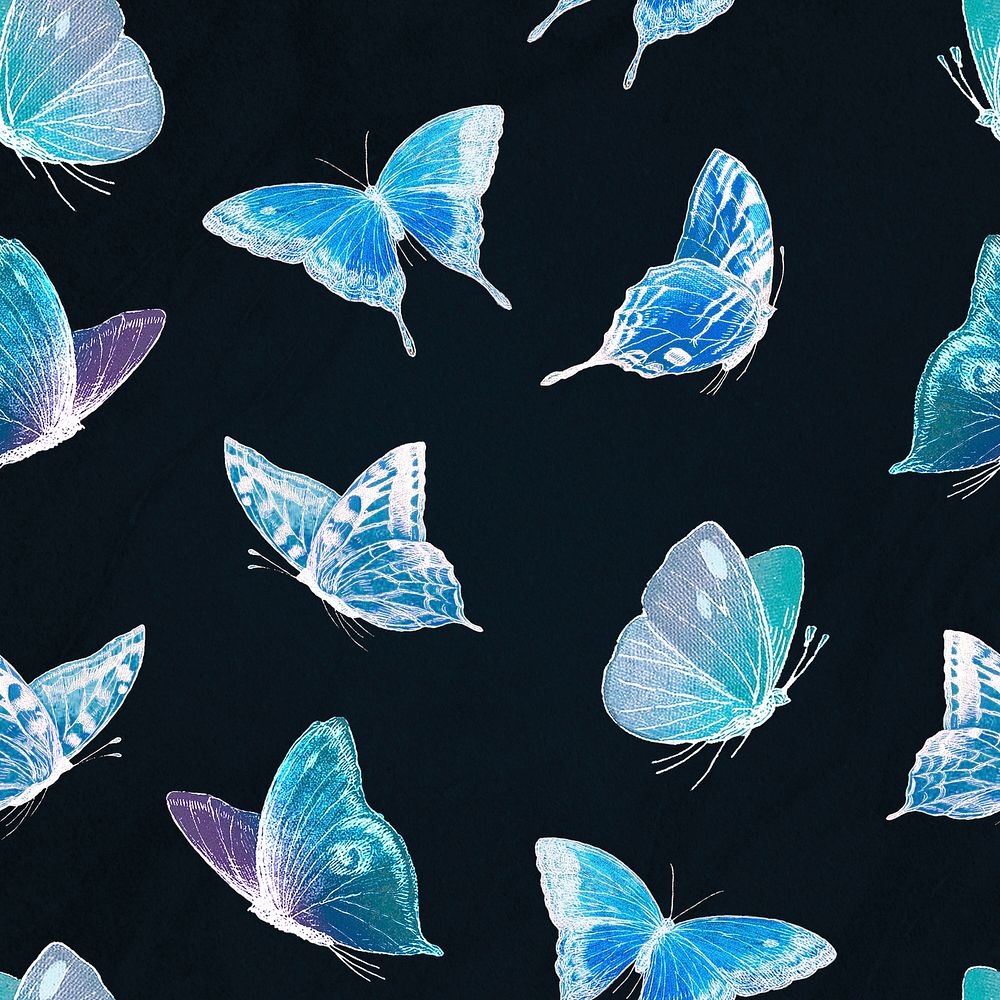 Neon butterfly pattern psd, holographic blue design on black