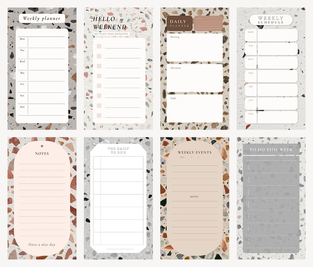 Weekly planner template, terrazzo background, aesthetic social media post, vector