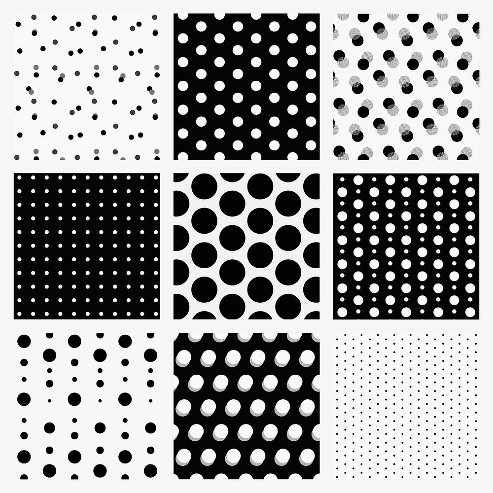 Cute pattern background, polka dot in black and white psd set