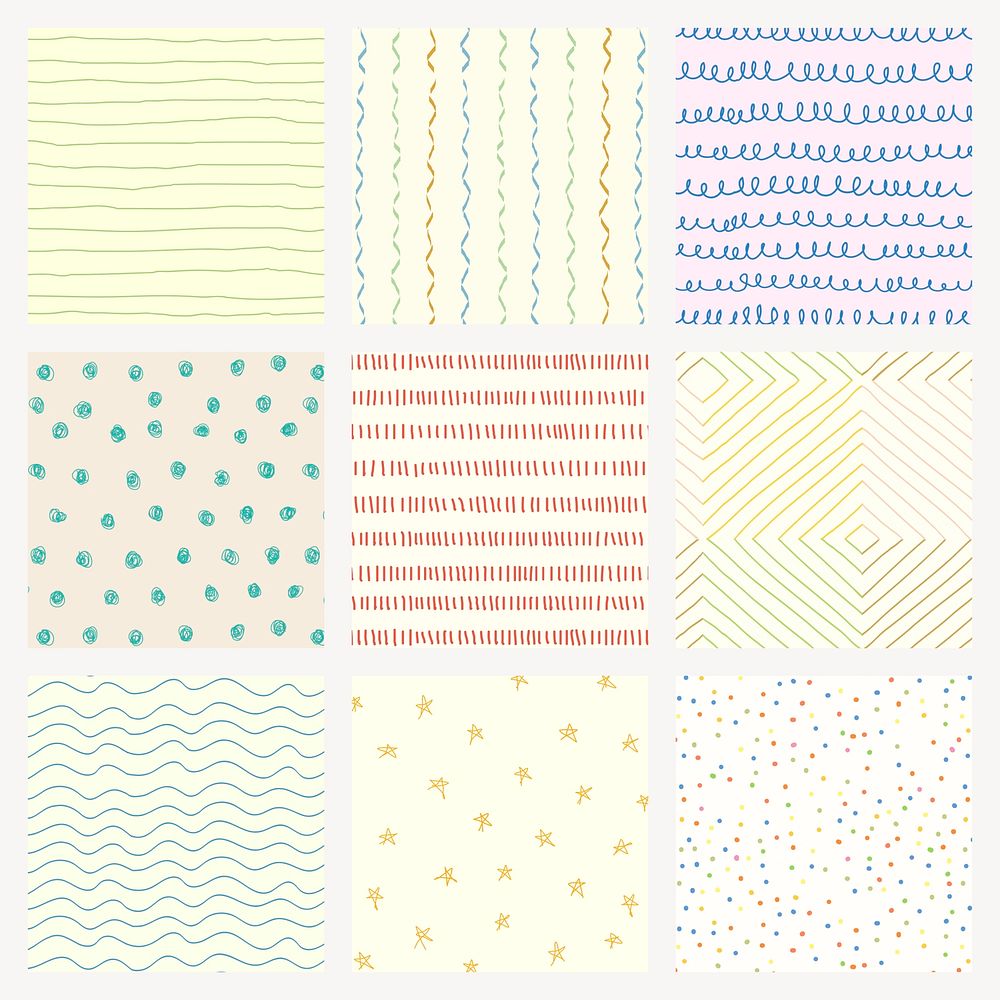 Cute background, colorful doodle pattern design set psd