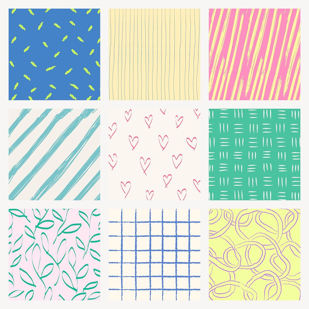 Cute background, colorful doodle pattern design set vector