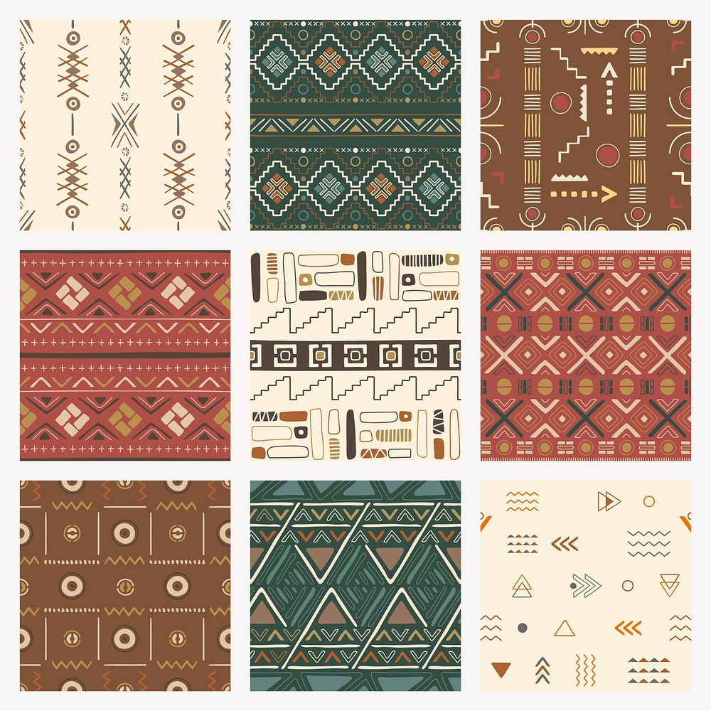 Ethnic seamless pattern background, earth tone geometric design, vector set