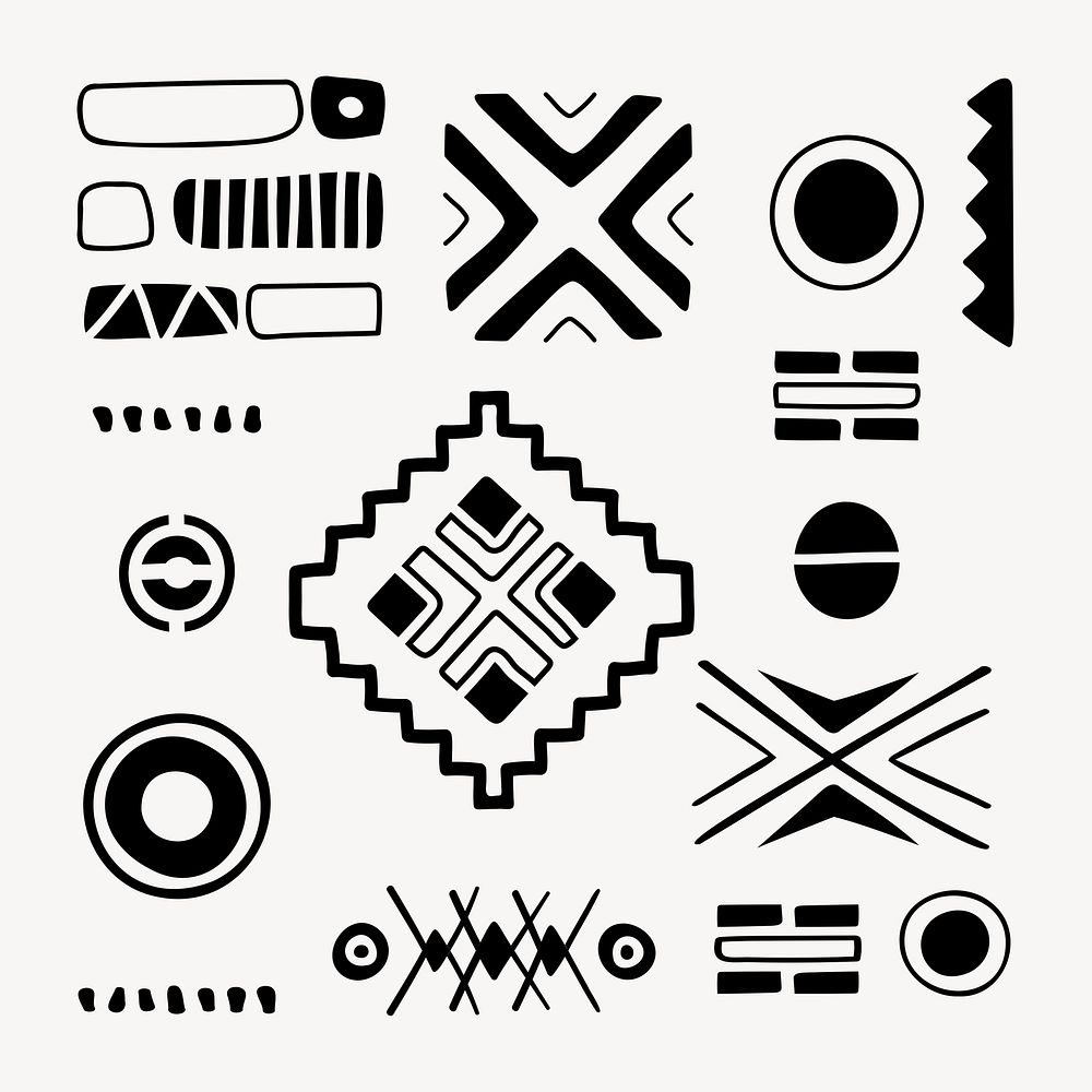 Tribal shape sticker, black and white doodle aztec design, psd set